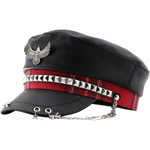 Hsqqdc Unisex Spike Studded Cap PU Leather Flat Top Peaked Hat Vintage Captain Sailor Hat