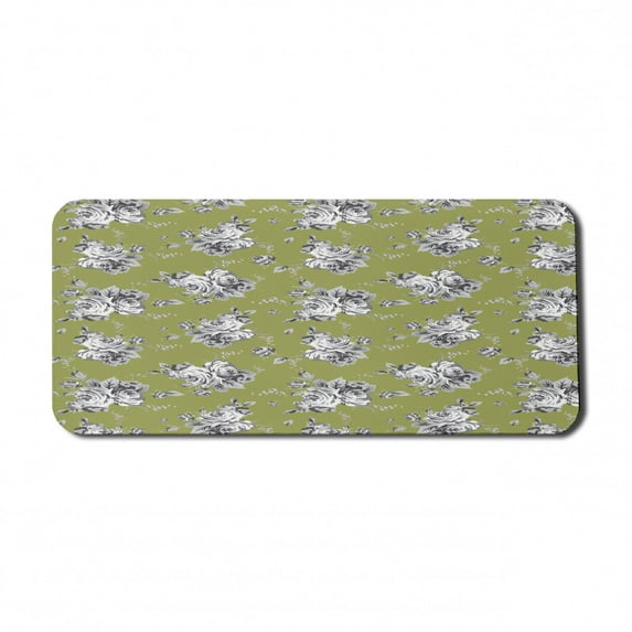 Floral Computer Mouse Pad, Repetitive Rose Flower Motifs in Greyscale Tones on Green Backdrop, Rectangle Non-Slip Rubber Mousepad X-Large, 35" x 15", Khaki Purpleblue and White, by Ambesonne