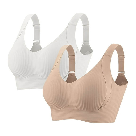Leey-World Everyday Bras for Women Women's Double Support Wireless, Lace Bra with Stay-in-Place Straps, Full-Coverage Beige,L