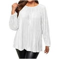 thumbnail image 3 of Bxsruta Tops for Women, Women's Pleated Round Neck Long Sleeve Top, Casual Loose Fit Blouse, 3 of 8