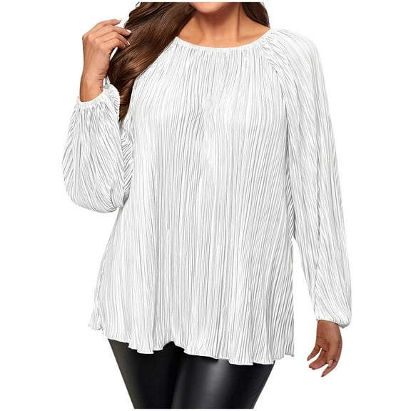 Jalioing Plus Size Shirts for Women Loose Long Sleeve Crew Neck Ruched Pullover Tops Fashion Casual Blouses