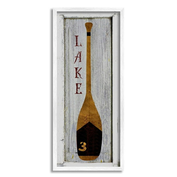 Stupell Industries Rustic Grey Planked Look Vertical Brown Oar Lake Graphic Art White Framed Art Print Wall Art, 13x30, by Beth Albert