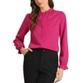 thumbnail image 1 of Blusa de manga larga con cuello de pie y botones de Allegra K para mujer, con volantes, talla XL, color rosa intenso, 1 of 6