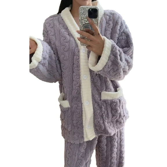 comerut 2Pcs/Set Women Warm Loungewear Set Autumn Winter Thickened Plush Thermal Pajamas Set V-neck Long Sleeve Tops Wide Leg Long Pants Coral Fleece Homewear Set