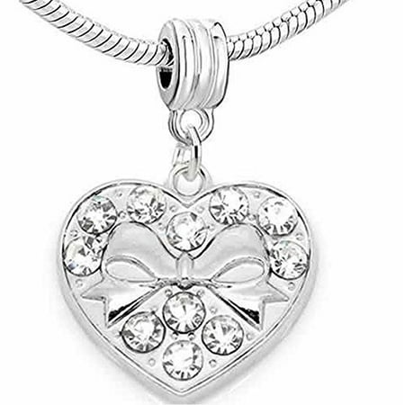 Sparkle Dangle Beads Bowknot in Heart with Clear Rhinestones Dangle Bead Spacer for snake Chain charm Bracelet ()
