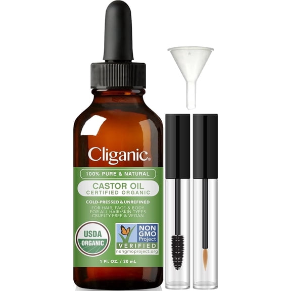 Cliganic Organic Castor Oil, Pure Hair Oil with Eyelash Kit for Eyelashes, Eyebrows, and Hair, 1 fl oz