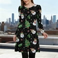 thumbnail image 2 of Women's Christmas Pleated Dress Long Sleeve Crewneck Printed Skirt with Pockets Black-1 L, 2 of 6