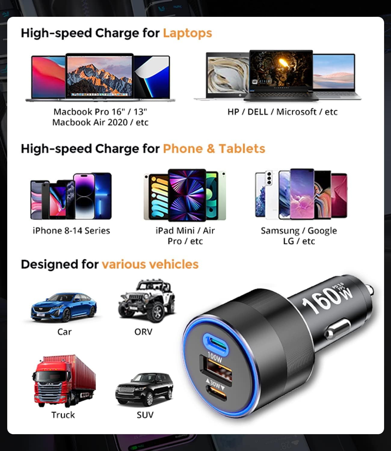 160W USB C Car Charger Fast Charging Cigarette Lighter PD3.0 100W PPS 45W QC5 30W Type C Car Charger for MacBook Pro Air Laptop iPad iPhone 15 14 13 Pro Samsung S24 S23