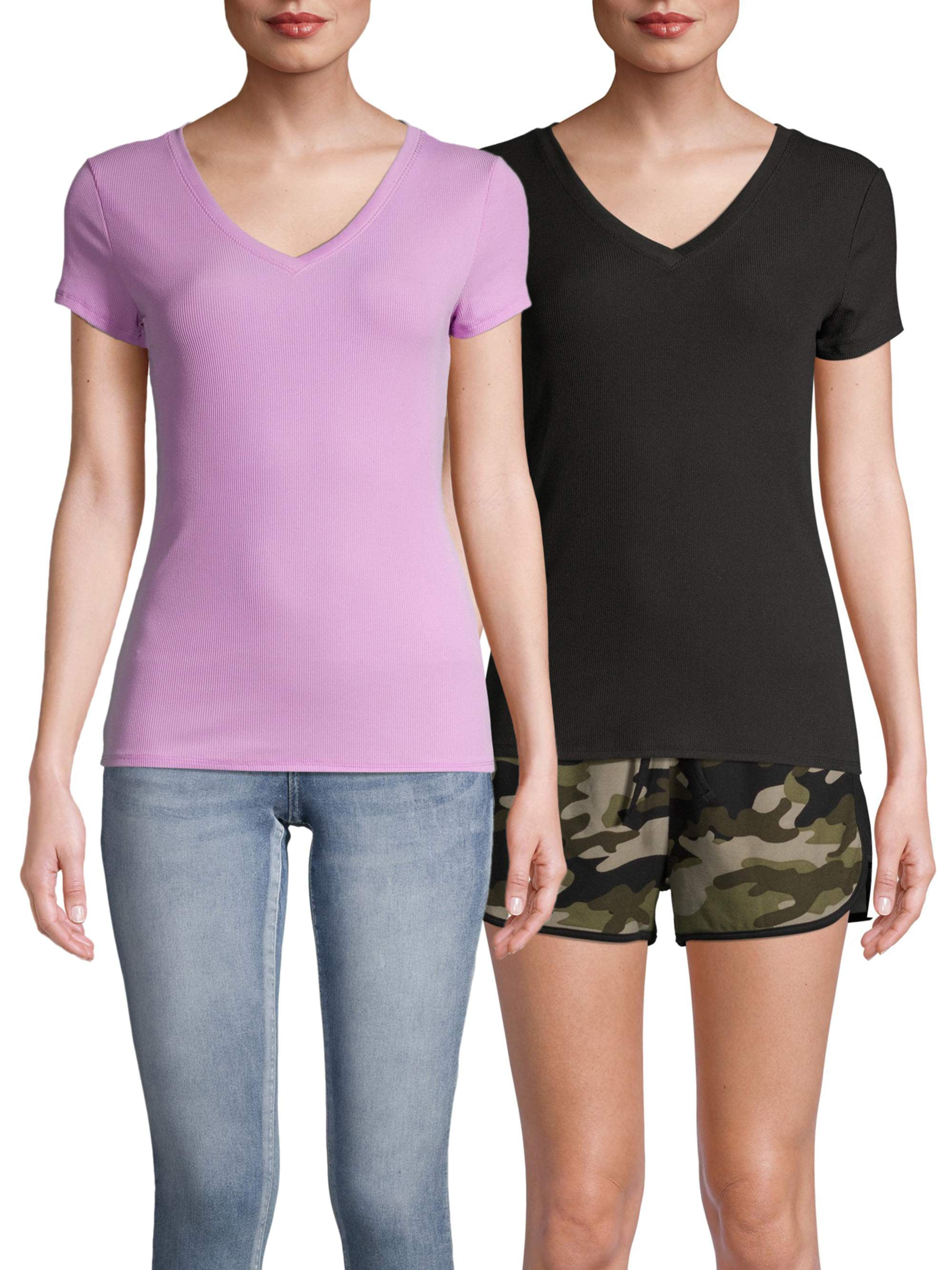 No Boundaries Juniors' Short Sleeve Brushed Rib V-Neck T-Shirt, 2 Pack -  Walmart.com