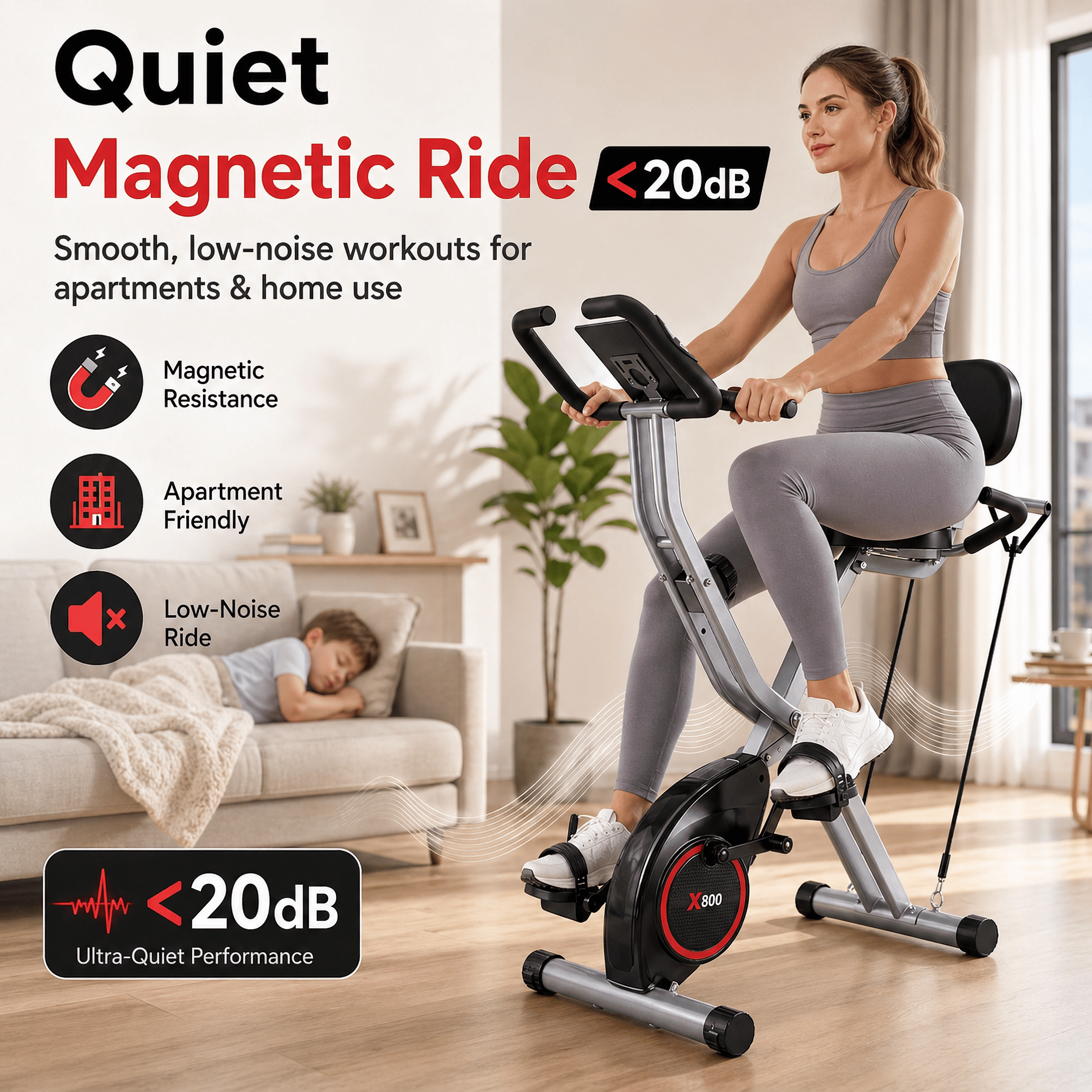 USLIM 5‑in‑1 Foldable Exercise Bike for Home, 16‑Level Magnetic Resistance Stationary Bike with Arm Bands, Backrest, LCD Monitor, 300 lb Capacity