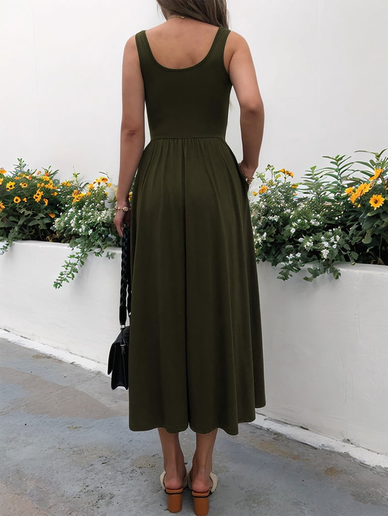 Women'S Summer Maxi Dress Sleeveless Square Neck Casual Beach Sundress with Pockets, Flowy Patchwork Knit Army Green XL