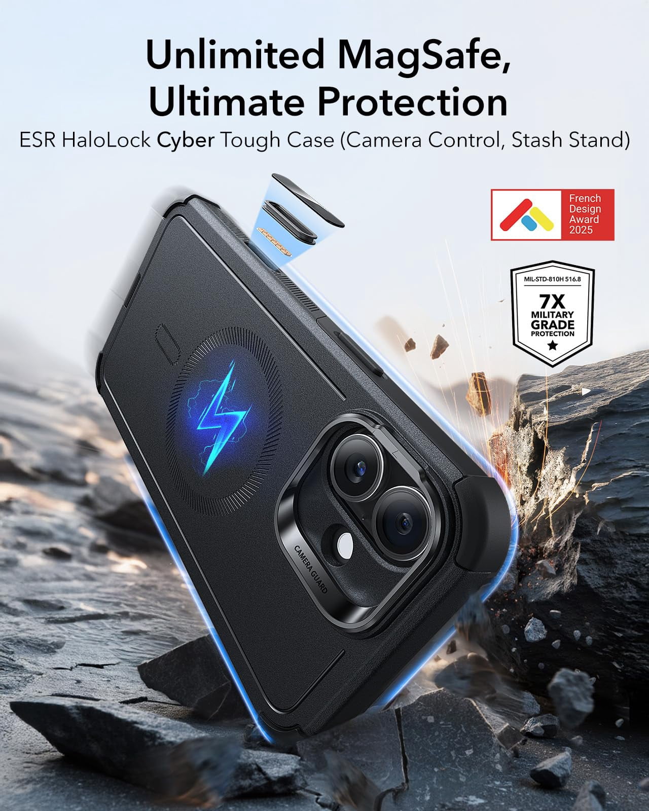 Esr For 16 Case With Stash Stand  Camera Control 23ft Military-grade Shock-absorbing Drop Protection Compatible Magsafe Accessories Magnetic Cyber Series Black