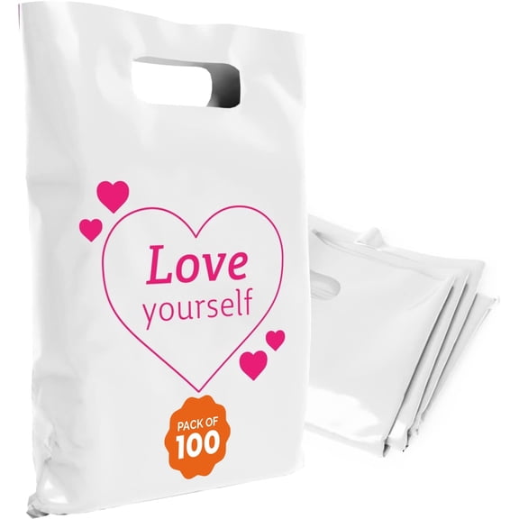 OPTIPAK Plastic Bags with Handles – 12x15 Merchandise Bags for Small Business, Die-Cut Retail Boutique & Shopping Bag, Goodie Bag & Trade Show Supplies – Love Yourself (Pack of 100)