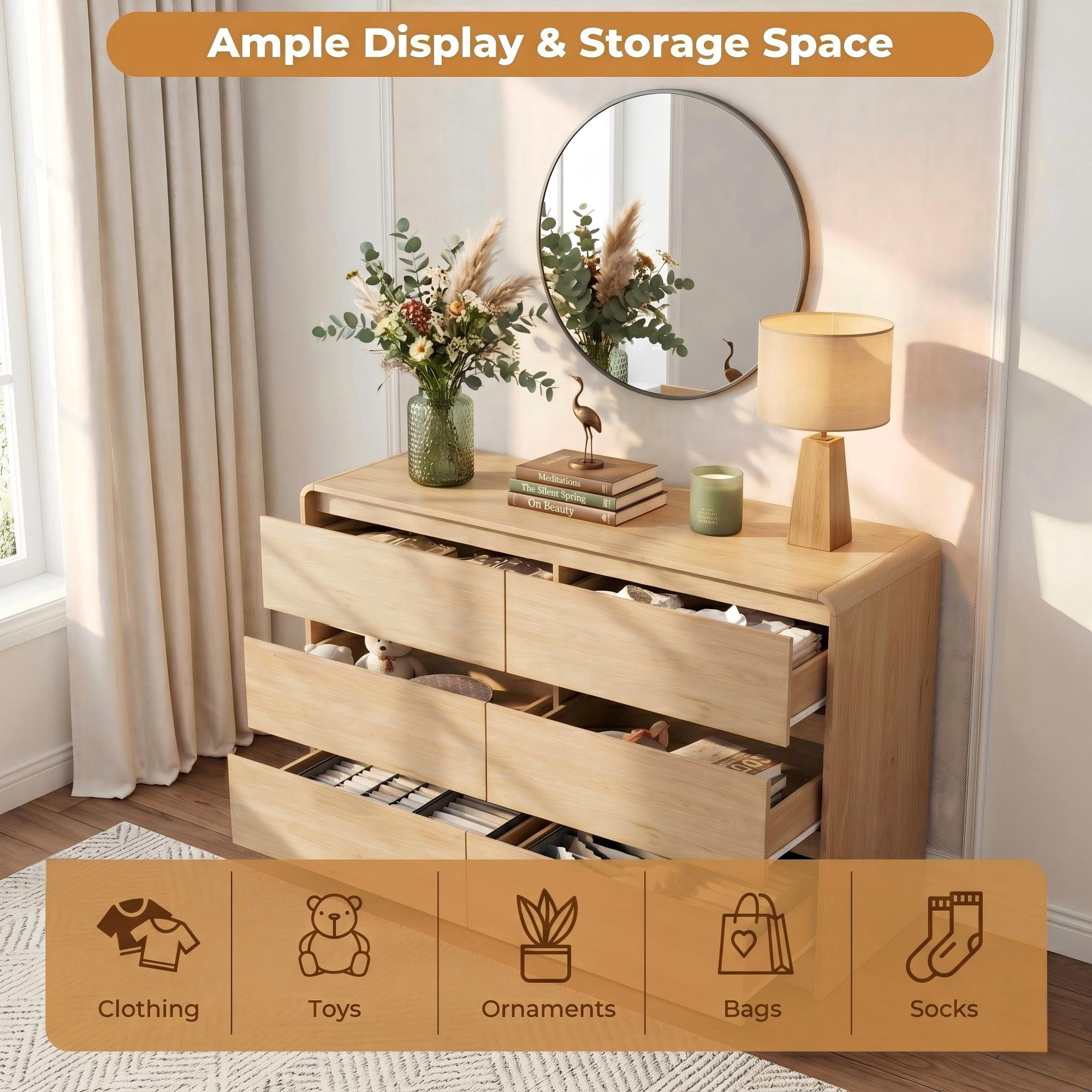 WACASA 6 Drawer Dresser for Bedroom, Brown Bedroom Dresser for Closet with Round Edge, Modern Wood Dressers & Chests of Drawers for Living Room, Hallway