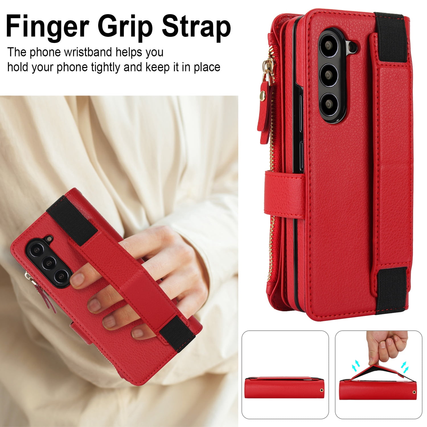 Allytechgroup for Samsung Galaxy Z Fold 7 Case Wallet, 7 Cards Slots Cash Zipper Pocket S Pen Holder Hand Strap Wrist Flip Cover Protective Phone Case for Samsung Galaxy Z Fold 7,Red