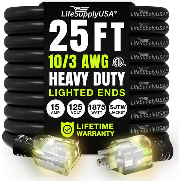 25ft Outdoor/Indoor Extension Cord 10/3 Gauge Ultra Heavy Duty 3 Prong SJTW, Waterproof, ETL Listed, Flexible Cold-Resistant Long Power Cord,125 Amp 1875W, Black by LifeSupplyUSA