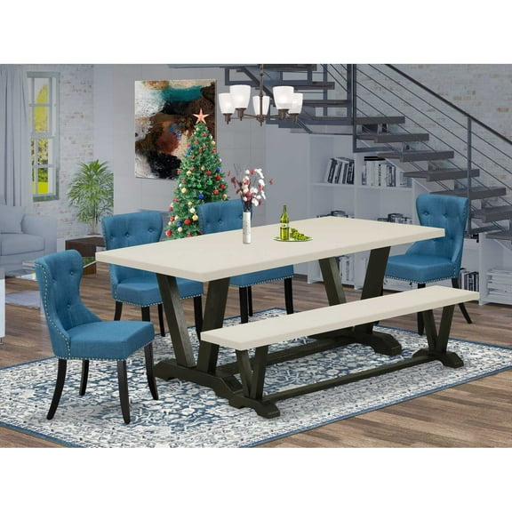 East West Furniture V627SI121-6 6-Pc Dining Room Table Set- 4 Parson Dining Room Chairs with Blue Linen Fabric Seat and Button Tufted Chair Back - Rectangular Top & Wooden Legs Wood Kitchen Table and