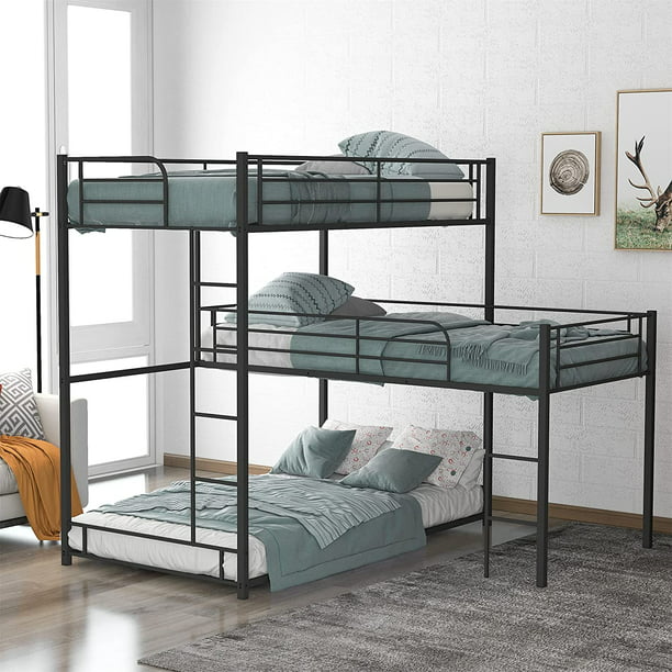 Metal Triple Twin Bunk Bed L Shaped, Full Over Queen L Shaped Bunk Beds