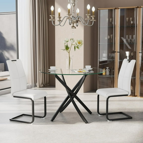 KATBOC 36in Round Glass Dining Table, Tempered Glass Top & Chrome Metal Legs, Modern Table for Small Spaces, Kitchen, Black