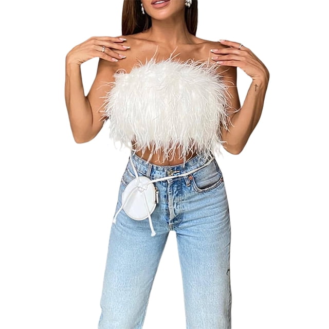 Txlixc Mujeres Sexy Plumas Crop Tops Artificial Faux Fur Trim Chaleco sin mangas Tube Strapless Tank Top Party Club Streewear Txlixc Estilo de ocio