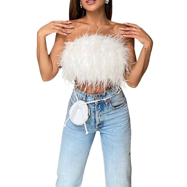 SAYOO Mujeres Plumas Crop Tops Faux Fur Tube Top Sin Mangas Color Sólido Camisole Cami Chaleco para Club Party SAYOO Vogue