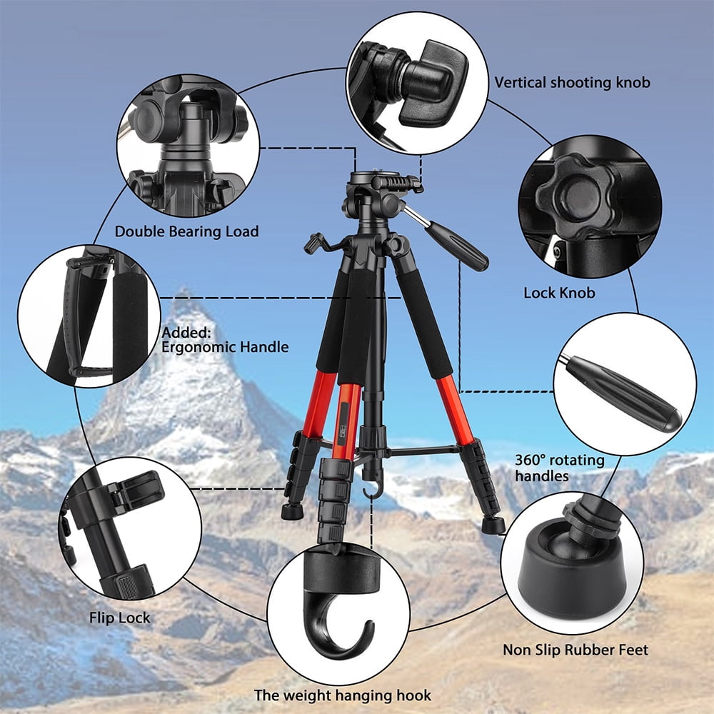 ZOMEI 55 Inch Tripod with Carry Bag with Phone Holder, Aluminum for Mirrorless Camera/DSLR/Phone/Camcorder, Red