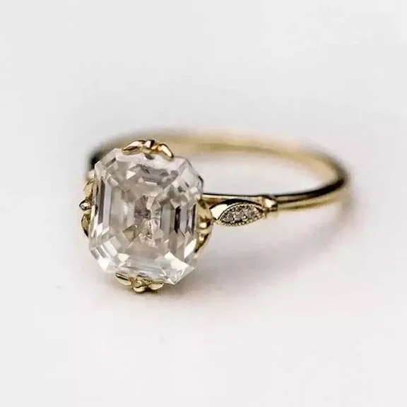 Art Deco 3.5Ct Asscher Cut Lab-Created Diamond Engagement Ring - 14K Gold Finish