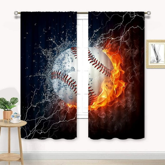 Baseball Curtains Sports Theme for Men 42W x 63L Inch Rod Pocket Ball in Fire Water Flame Lightening Boys Kids Bedroom Decor Art Printed Living Room Window Drapes Treatment Fabric 2 Panels