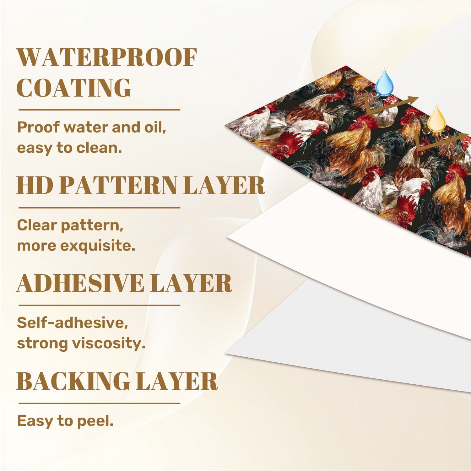 Farmhouse Peel and Stick Wallpaper Colorful Rooster Rustic Farmhouse Style Dark Wall Mural 17.7in x 9.8ft Self Adhesive Removable Wall Paper Renter Friendly Wallpaper for Nursery Bedroom Cabinets
