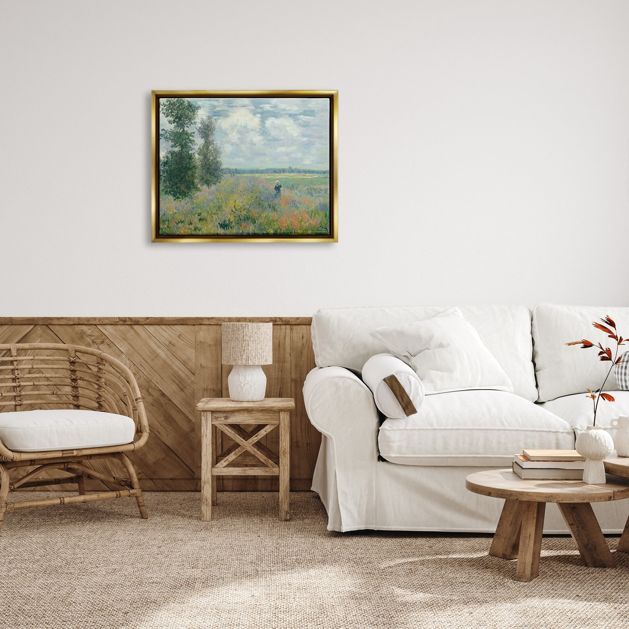 Stupell Industries Lone Person Floral Blossom Meadow Quaint Scene Painting Metallic Gold Floating Framed Canvas Print Wall Art, Design by Lettered and Lined