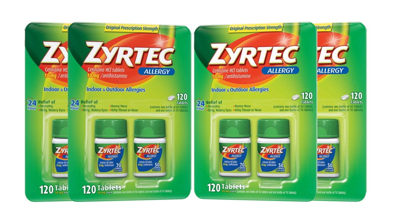4 Pack Zyrtec 24 Hour Allergy Relief Antihistamine Cetirizine HCl 10
