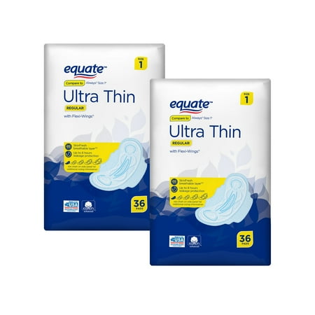 - (2 Pack) Equate Ultra Thin Pads with Flexi-Wings, Regular, 36 Ct