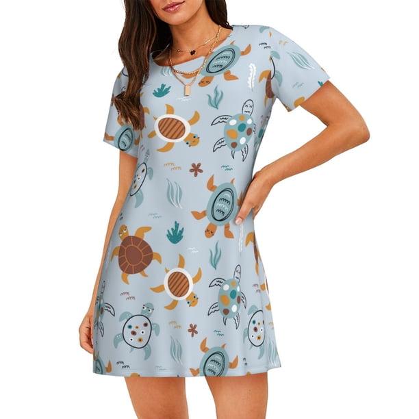 Fotbe Sea Turtle Bata de Dormir para Mujer con Estampado, Camisón de Algodón de Manga Corta, Ropa de Dormir Casual