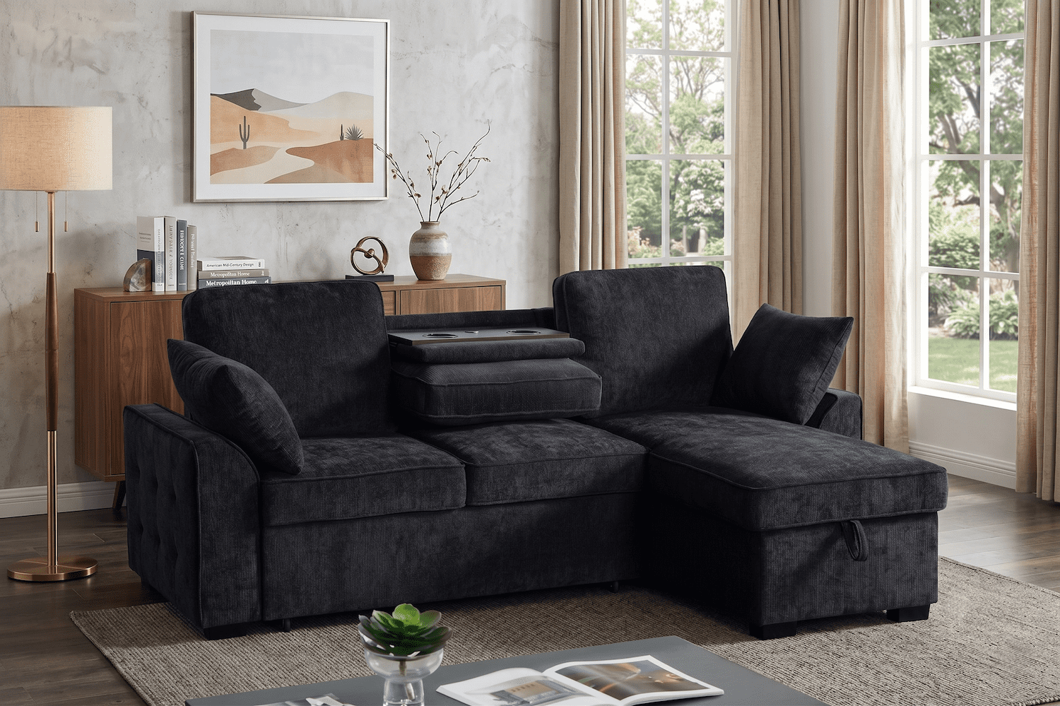 86" Sectional Sofa for Living Room, Convertible L Shaped Sleeper Couch with Pull Out Bed, Modular Chenille Sectional Couch with Storage Chaise, Cup Holders & Removable Tray, Adjustable Backrests