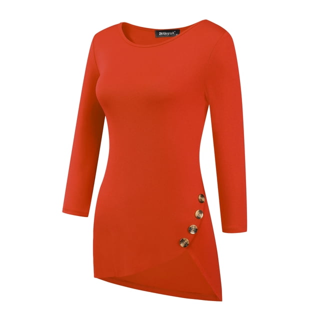 INSPIRAR CHIC Blusas de Mujer Cuello Redondo de Manga 3/4 con Botones Decorativos y Dobladillo Irregular Estilo Casual S Naranja