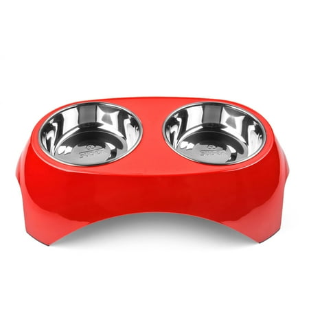 - Pet Feeder Bowls Double Stainless Steel (Set of 2) - Removable Raised Feeding Station Tray Dog Cat Puppies Animal Food Water Holder Container Dish Table Dinner Set with Elevated Stand (Red)