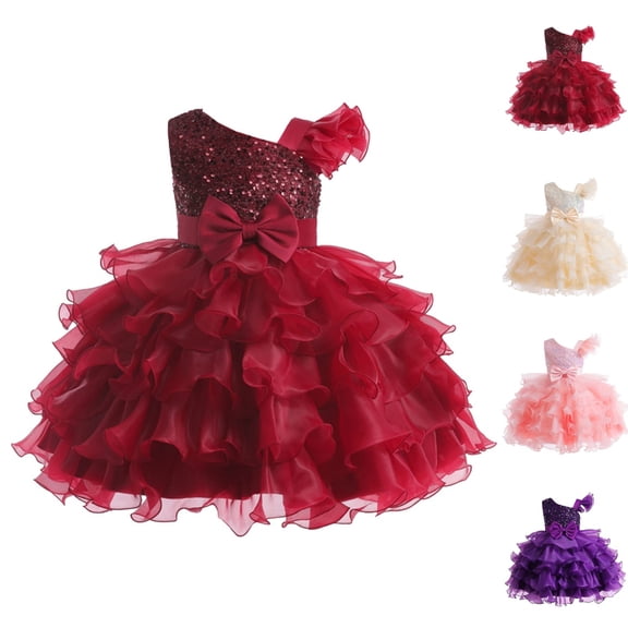 HJYCHN Dress for Girls One Shoulder Puffy Party Gown with Large Bow for Kids Dress 7-8 Years
