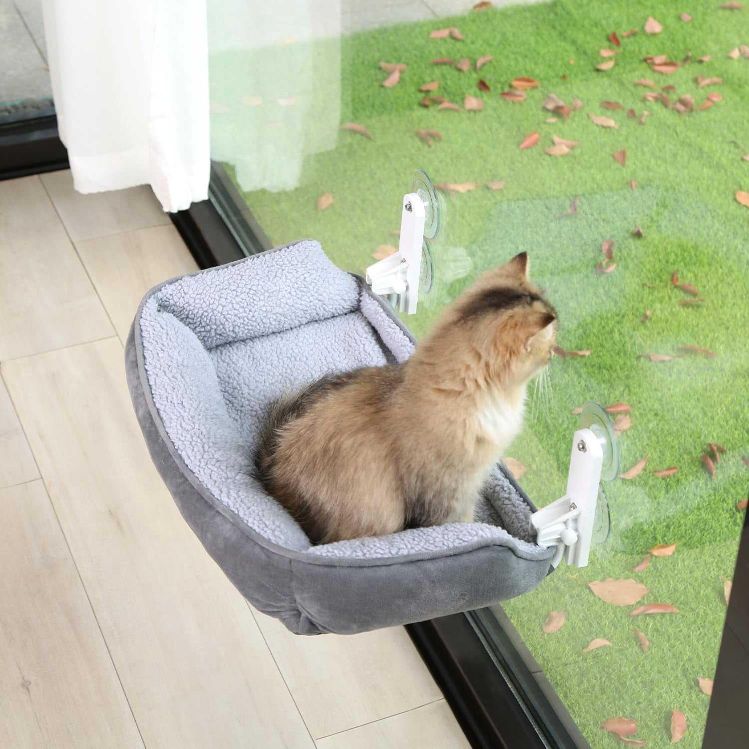 Foldable Cat Hammock For Window With Bolster - Cordless  Fold-up Three-side Bolstered Machine Washable Fluffy Bed Robust Metal Frame Perch Large Cats And Kittens Gray