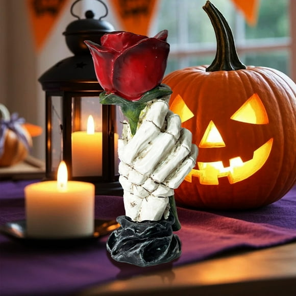 WHEANG Eternal Flame Skeleton Hand Candle Sticks Holder Decor Gothic Decor Hand Painted Resin Candle Holder With Red Rose Halloween Home Bar Decor
