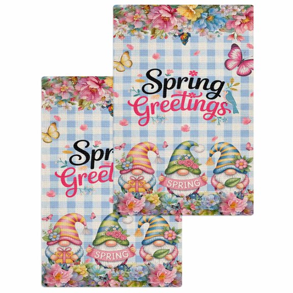 Spring Gnomes Kitchen Dish Towels for Drying Dishes Set of 2, Farmhhouse Floral Botanical Blue Plaid Waffle Weave Microfiber Hand Tea Bathroom Towels Quick Dry & Absorbent Towel 15.7x23.6