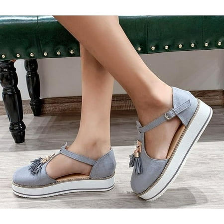 

Platform Sandals for Women Wedge Sandals Tassel Closed Toe Hollow Out T Strap Ankle Strap Buckle Casual Beach Sneakers-灰色||37码