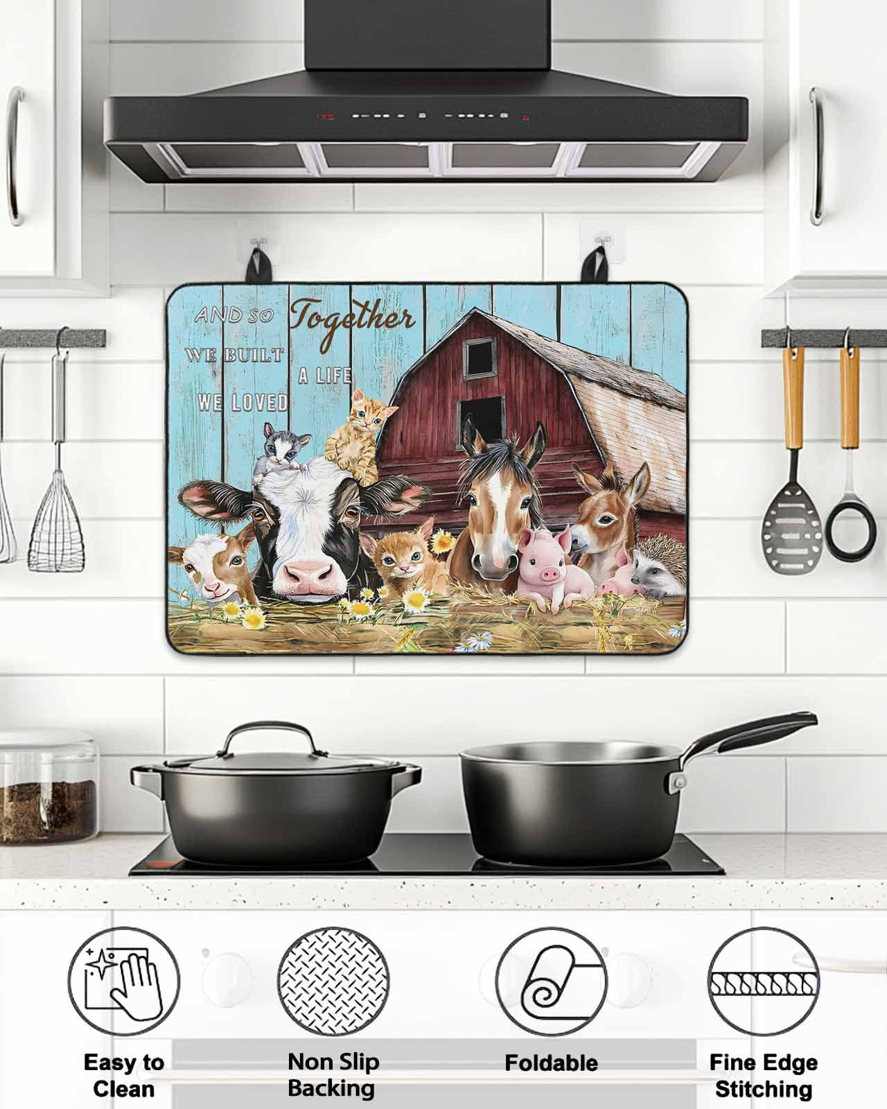 Farmhouse Animals Stove Top Covers for Electric Stove, Kitchen Glass Ceramic Electric Cooktop Covers 28.5"x20.5", Pig Cow Retro Farm Blue Wood Grain HeatResistant Oven/Countertop/Dishwasher Protector