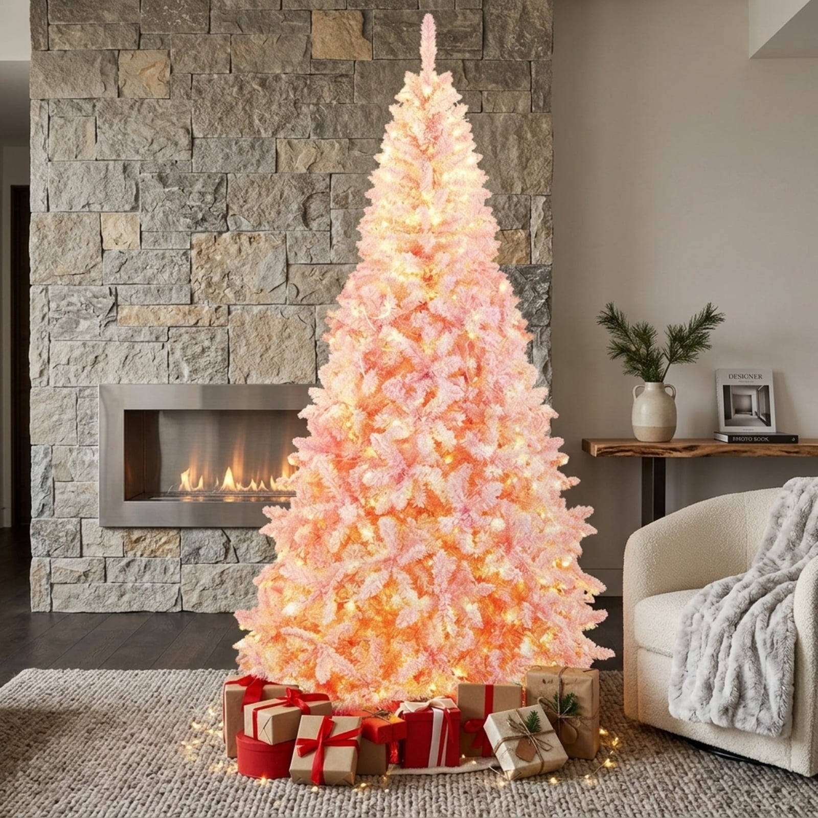 RUIE 7.5 ft Pink Flocked Christmas Tree, Pre-Lit Artificial Xmas Tree with 450 LED Lights and 1100 Branch Tips for Holiday Decor