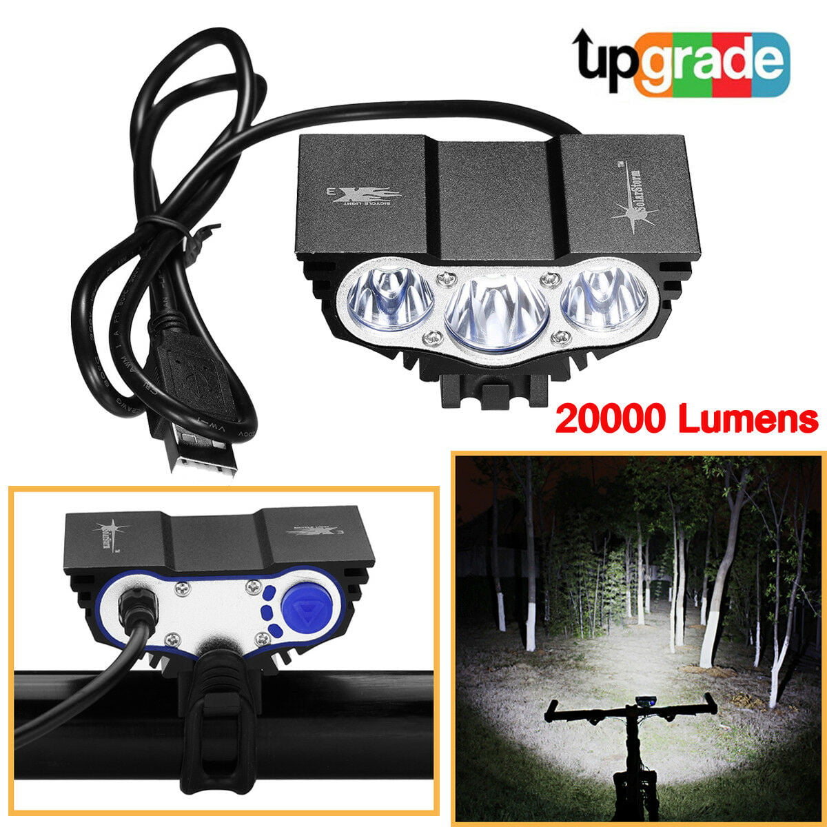 Bicycle Light Bike Front Lamp Headlamp 20000LM LED X3 X2 Rechargeable SolarStorm 
