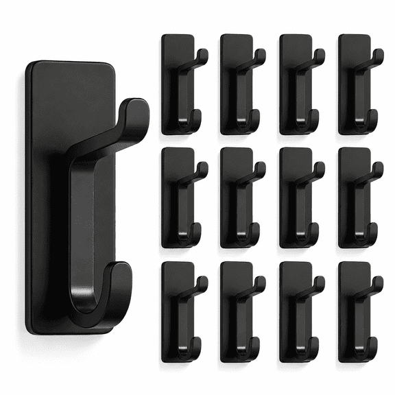 PLERISE Adhesive Hooks, 13LB Strong Stick on Hooks for Door and Wall, Black, 12 Pack, for Coats and Towels