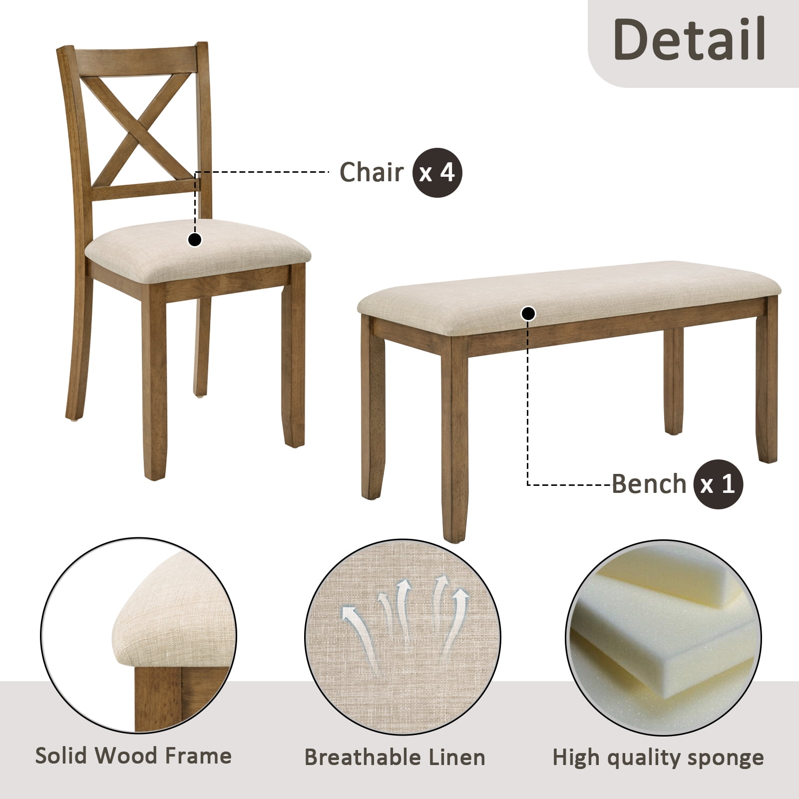 6-Piece Dining Table Set for 6, 58.5" Wood Rectangular Kitchen Table with 4 Chairs & Bench