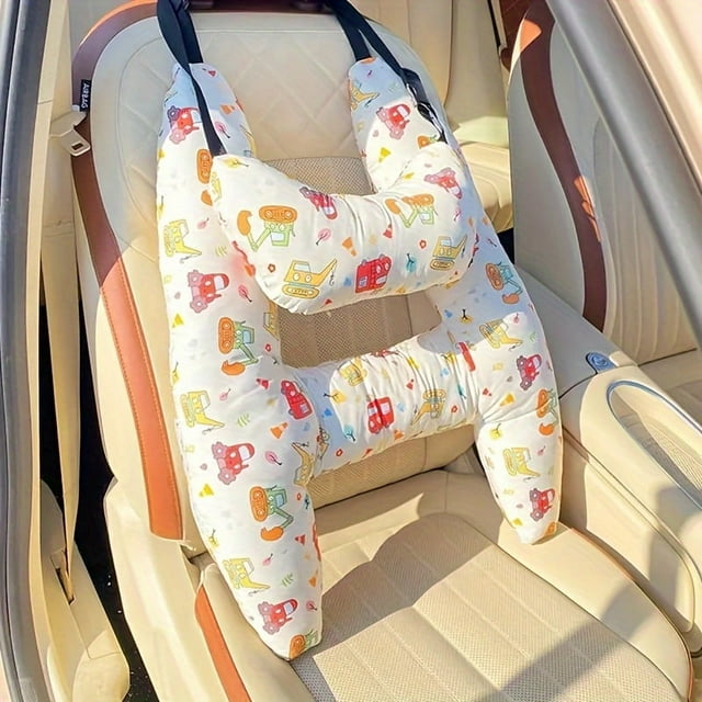 YOPTOP Cute Cartoon Car Seat Pillow with Belt - Comfortable & Secure Travel Accessory Hand-Washable Nylon Mixed Colors,Excavator