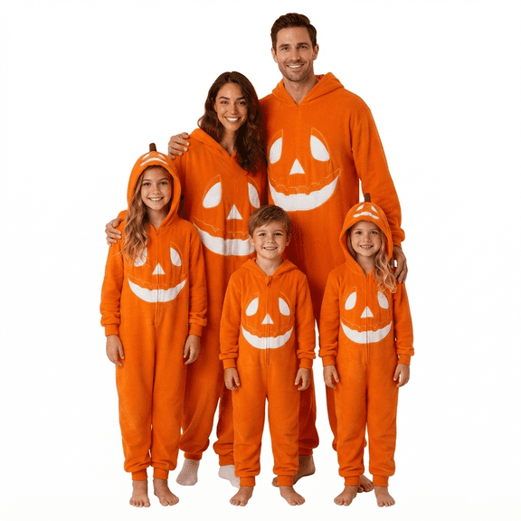 Halloween Pumpkin Pjs,Pumpkin Pajama,Halloween Pumpkin Onesie Family Matching Set, Fuzzy Jack O' Plush Hooded Pajama , Thanksgiving Halloween Family Matching Halloween Pajamas for Movie Night-L