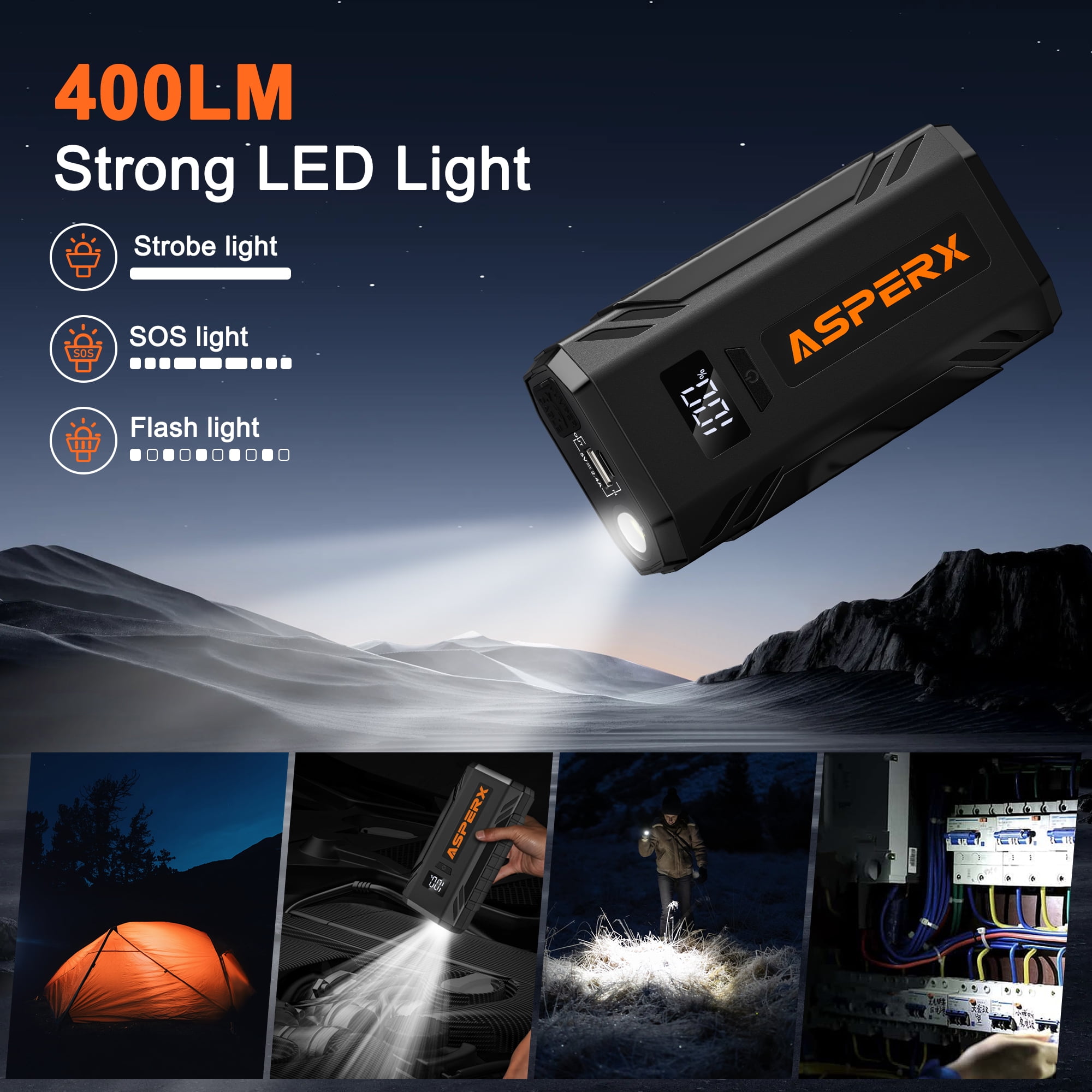 ASPERX Car Battery Jump Starter,2000A Peak Portable Jump Box for Car up to 8.0L Gas or 6.5L Diesel Engine, 12V Battery Power Booster with LED Light