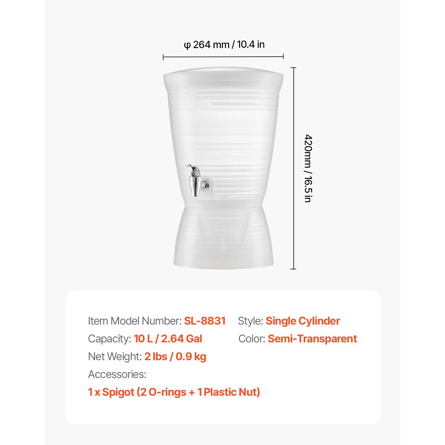 Beverage Dispenser 2.64 Gallon, Semi-Transparent with Ice Chamber, No-Drip Spring-Loaded Spigot, Food-Grade PP, Dishwasher Safe for Parties Restaurants Hotels